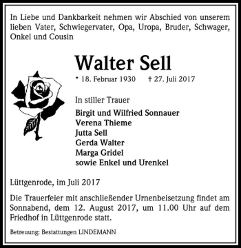 Traueranzeige von Walter Sell  von Magdeburger Volksstimme