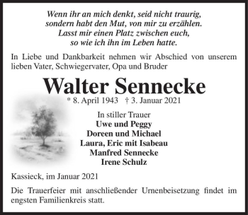Traueranzeige von Walter Sennecke  von Magdeburger Volksstimme