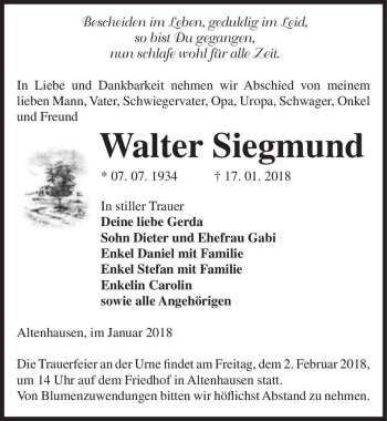 Traueranzeige von Walter Siegmund  von Magdeburger Volksstimme