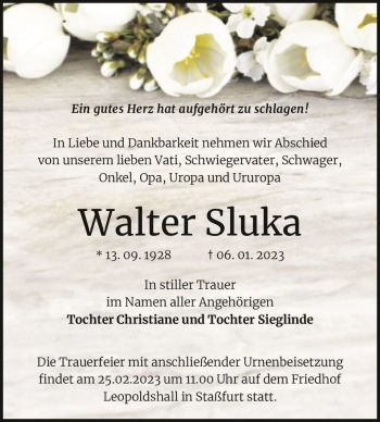 Traueranzeige von Walter Sluka  von Magdeburger Volksstimme