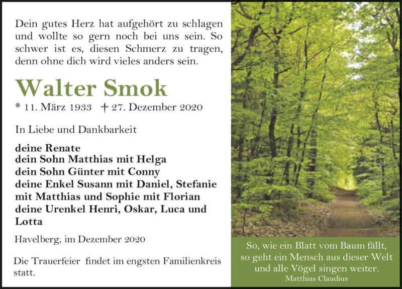  Traueranzeige für Walter Smok  vom 30.12.2020 aus Magdeburger Volksstimme