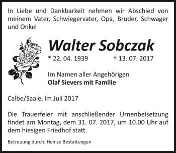 Traueranzeige von Walter Sobczak  von Magdeburger Volksstimme