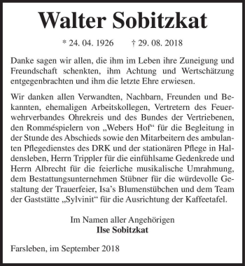 Traueranzeige von Walter Sobitzkat  von Magdeburger Volksstimme
