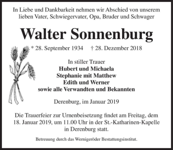 Traueranzeige von Walter Sonnenburg  von Magdeburger Volksstimme