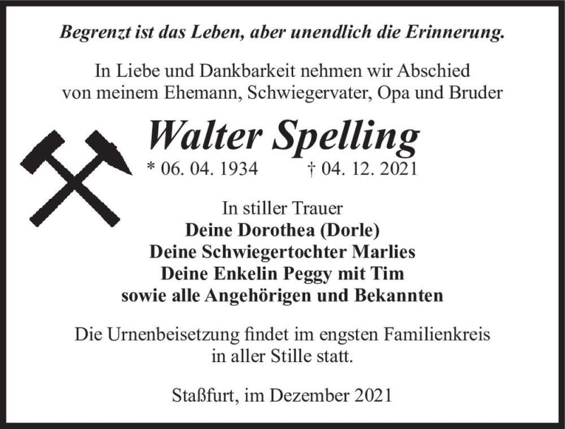 Traueranzeige für Walter Spelling  vom 11.12.2021 aus Magdeburger Volksstimme