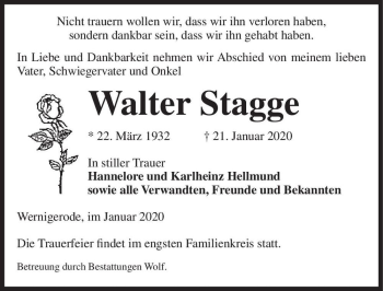 Traueranzeige von Walter Stagge  von Magdeburger Volksstimme