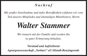 Traueranzeige von Walter Stammer  von Magdeburger Volksstimme