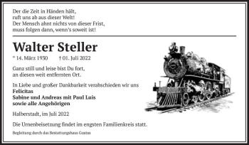 Traueranzeige von Walter Steller  von Magdeburger Volksstimme