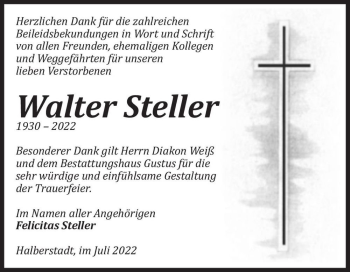 Traueranzeige von Walter Steller  von Magdeburger Volksstimme