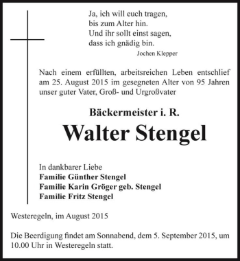 Traueranzeige von Walter Stengel  von Magdeburger Volksstimme