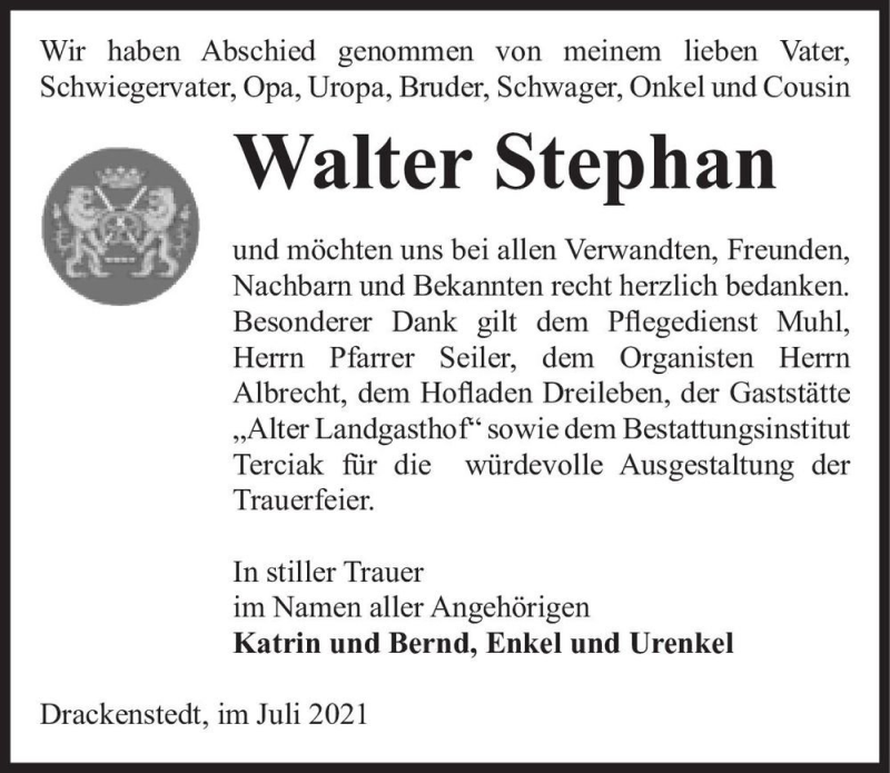  Traueranzeige für Walter Stephan  vom 31.07.2021 aus Magdeburger Volksstimme