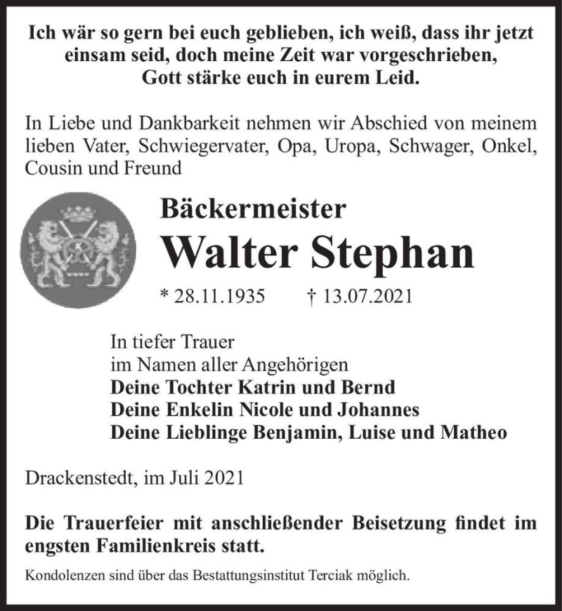  Traueranzeige für Walter Stephan  vom 17.07.2021 aus Magdeburger Volksstimme