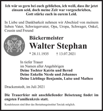 Traueranzeige von Walter Stephan  von Magdeburger Volksstimme