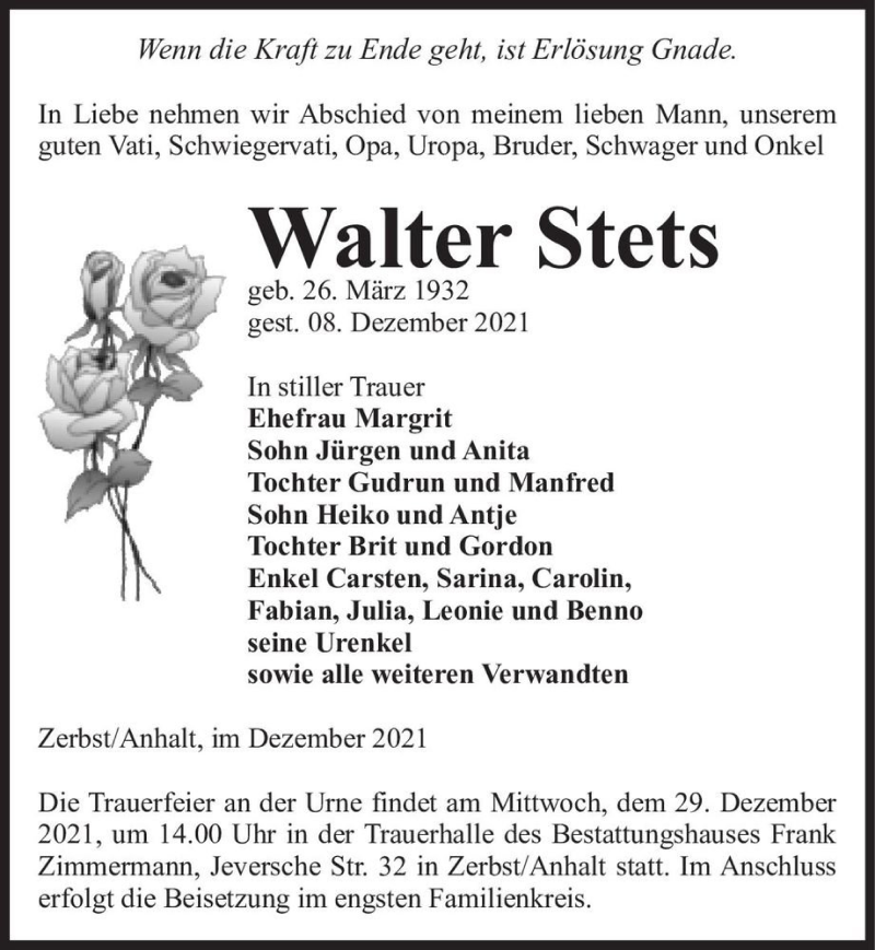  Traueranzeige für Walter Stets  vom 18.12.2021 aus Magdeburger Volksstimme