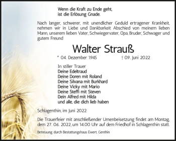 Traueranzeige von Walter Strauß  von Magdeburger Volksstimme
