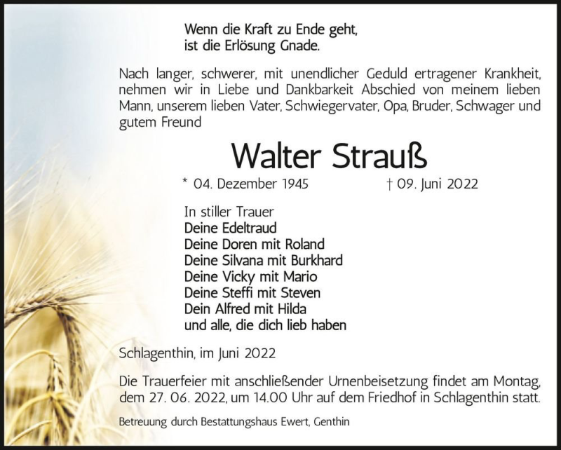 Traueranzeige für Walter Strauß  vom 18.06.2022 aus Magdeburger Volksstimme