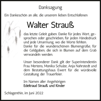 Traueranzeige von Walter Strauß  von Magdeburger Volksstimme