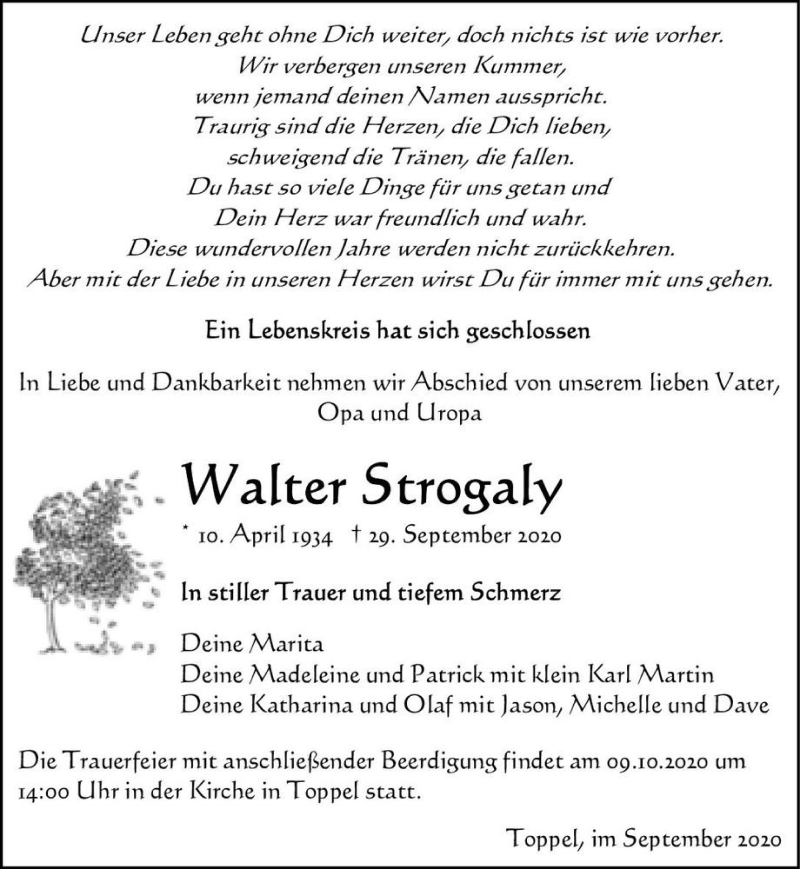  Traueranzeige für Walter Strogaly  vom 02.10.2020 aus Magdeburger Volksstimme