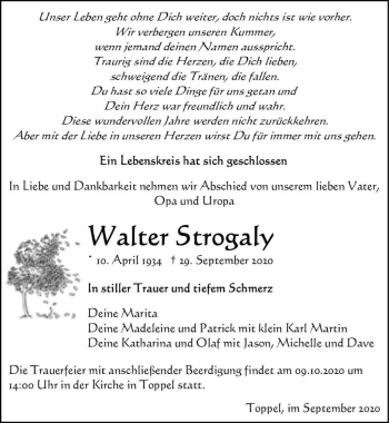 Traueranzeige von Walter Strogaly  von Magdeburger Volksstimme