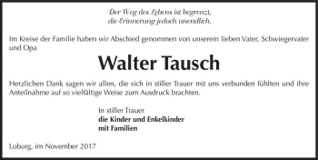 Traueranzeige von Walter Tausch  von Magdeburger Volksstimme