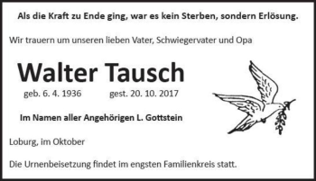Traueranzeige von Walter Tausch  von Magdeburger Volksstimme