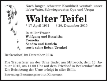 Traueranzeige von Walter Teifel  von Magdeburger Volksstimme