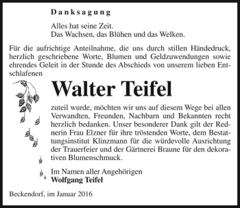 Traueranzeige von Walter Teifel  von Magdeburger Volksstimme