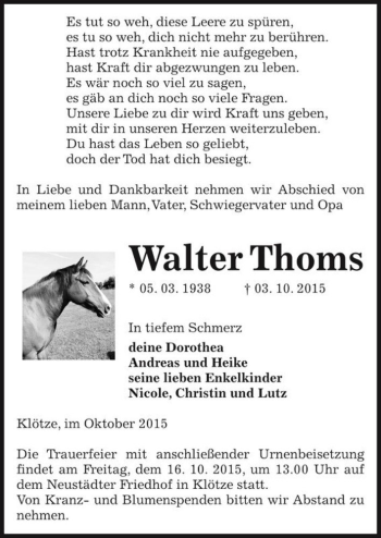 Traueranzeige von Walter Thoms  von Magdeburger Volksstimme