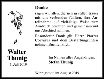 Traueranzeige von Walter Thunig  von Magdeburger Volksstimme