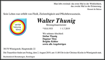 Traueranzeige von Walter Thunig  von Magdeburger Volksstimme