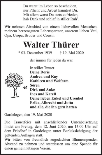 Traueranzeige von Walter Thürer  von Magdeburger Volksstimme