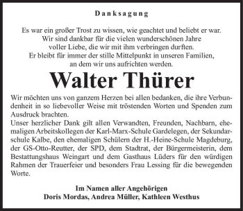 Traueranzeige von Walter Thürer  von Magdeburger Volksstimme
