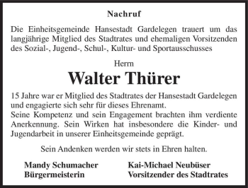 Traueranzeige von Walter Thürer  von Magdeburger Volksstimme