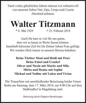 Traueranzeige von Walter Titzmann  von Magdeburger Volksstimme