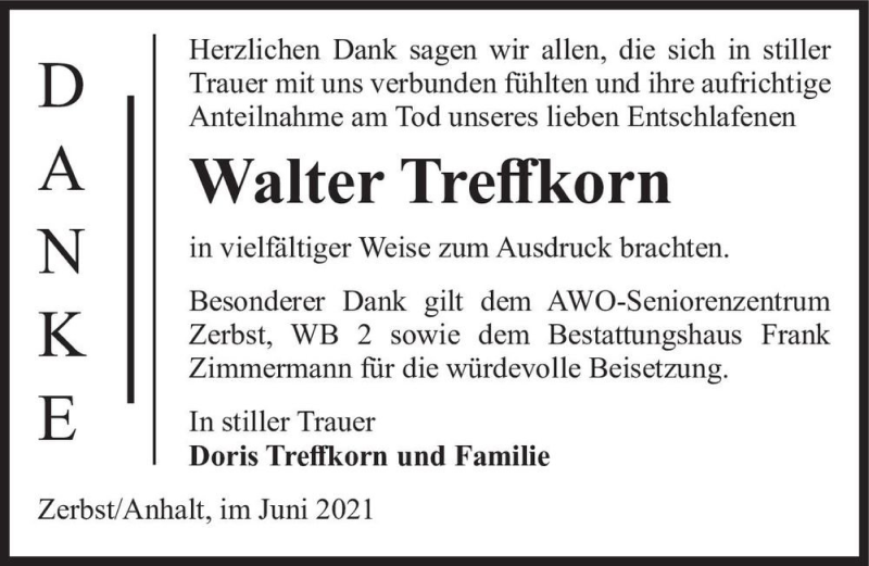  Traueranzeige für Walter Treffkorn  vom 19.06.2021 aus Magdeburger Volksstimme