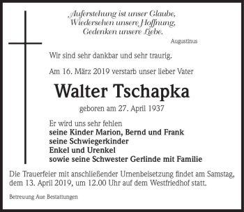 Traueranzeige von Walter Tschapka  von Magdeburger Volksstimme