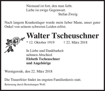 Traueranzeige von Walter Tscheuschner  von Magdeburger Volksstimme