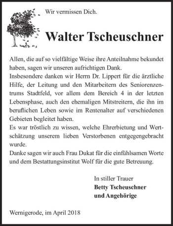 Traueranzeige von Walter Tscheuschner  von Magdeburger Volksstimme