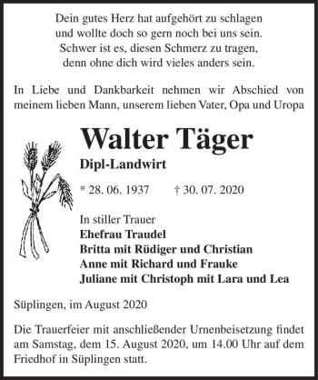 Traueranzeige von Walter Täger  von Magdeburger Volksstimme