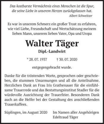 Traueranzeige von Walter Täger  von Magdeburger Volksstimme