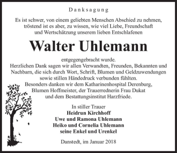 Traueranzeige von Walter Uhlemann  von Magdeburger Volksstimme