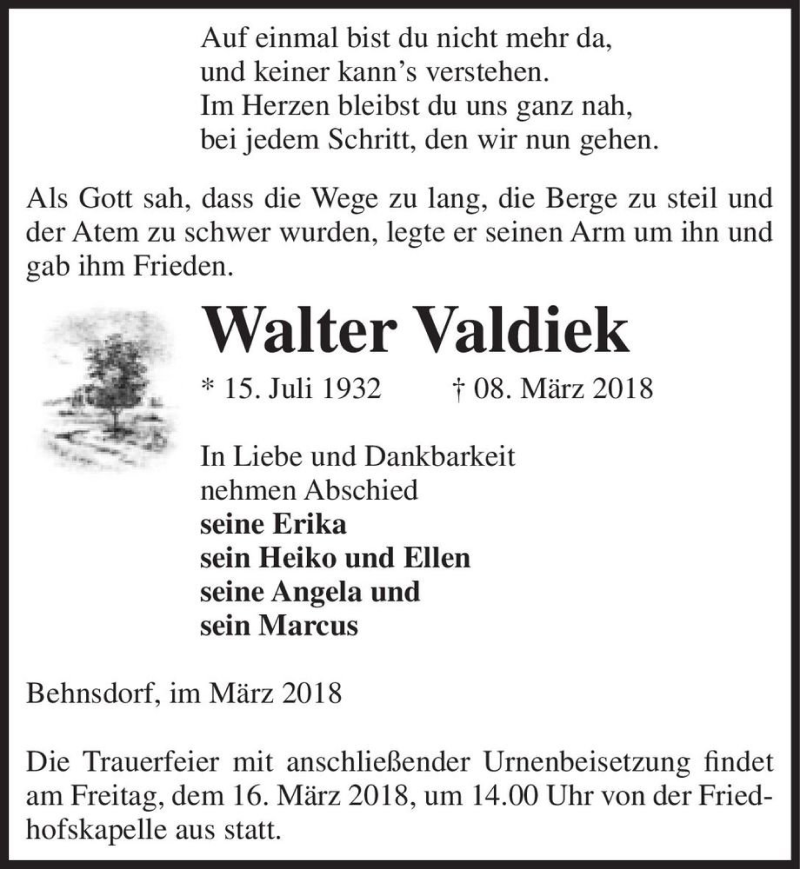  Traueranzeige für Walter Valdiek  vom 12.03.2018 aus Magdeburger Volksstimme