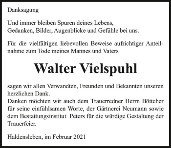 Traueranzeige von Walter Vielspuhl  von Magdeburger Volksstimme