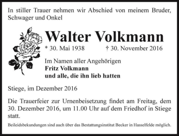 Traueranzeige von Walter Volkmann  von Magdeburger Volksstimme