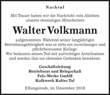 Traueranzeige von Walter Volkmann  von Magdeburger Volksstimme