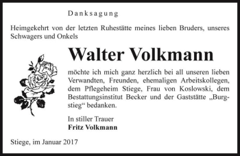 Traueranzeige von Walter Volkmann  von Magdeburger Volksstimme