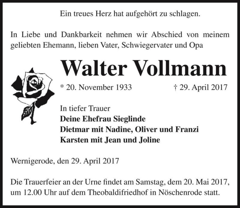  Traueranzeige für Walter Vollmann  vom 09.05.2017 aus Magdeburger Volksstimme