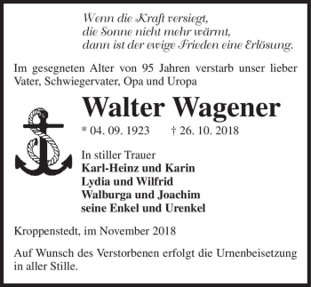 Traueranzeige von Walter Wagener  von Magdeburger Volksstimme