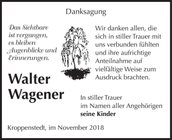 Traueranzeige von Walter Wagener  von Magdeburger Volksstimme
