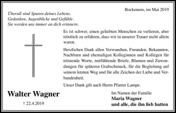Traueranzeige von Walter Wagner  von Magdeburger Volksstimme